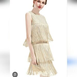 Babeyond ivory fringe flapper sequined dress size L 12/14